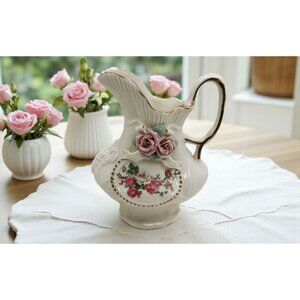 Vintage ceramic Victorian style floral pitcher in ivory featuring 3D pink roses,